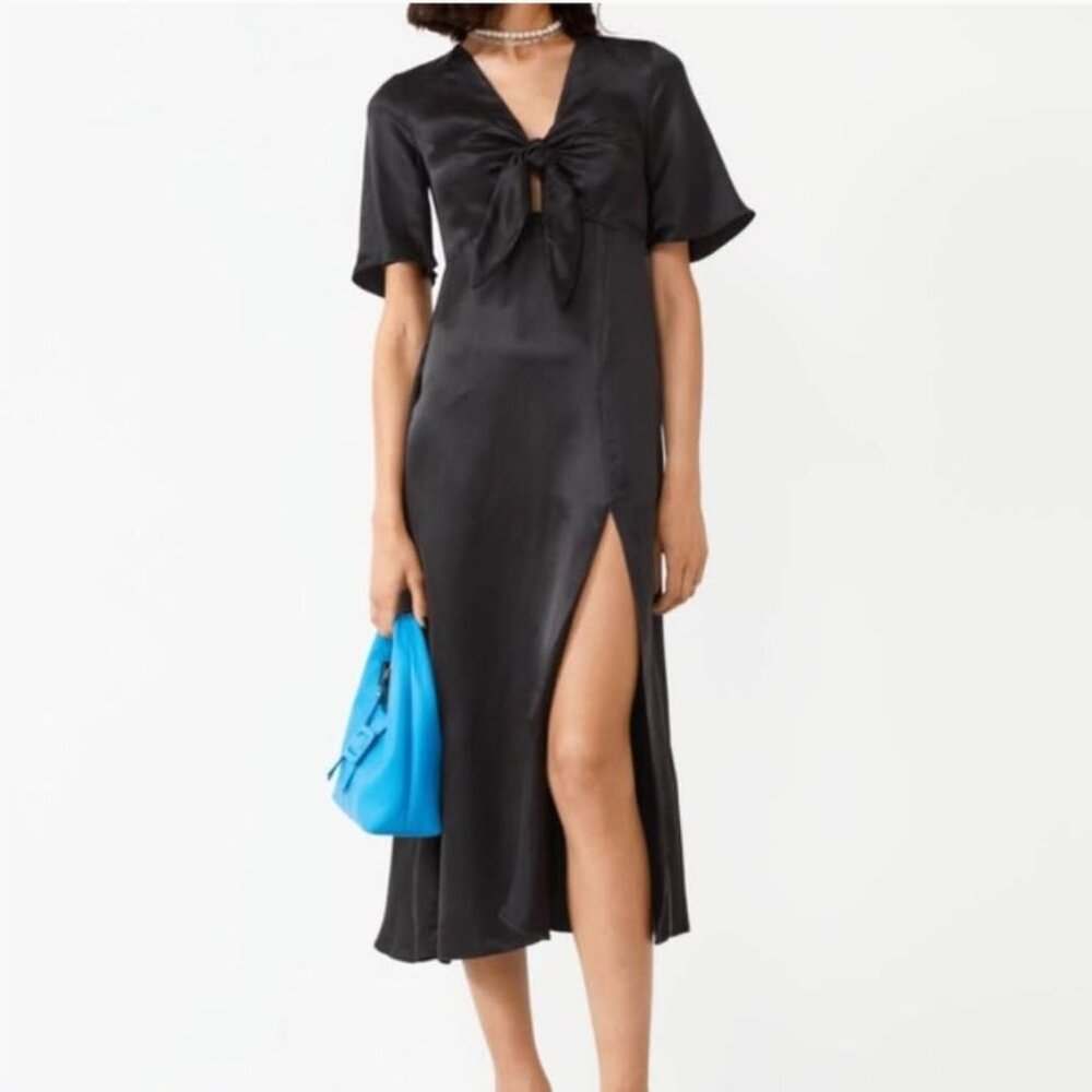 & OTHER STORIES Black Short-Sleeved Satin Midi Dress (Size 2)